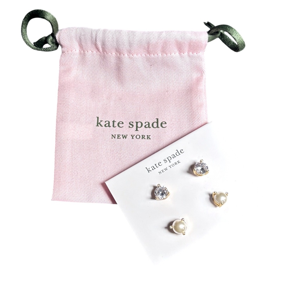 Kate Spade Rise and Shine Stud Earrings Set Cream Clear Gold Tone Classic Women